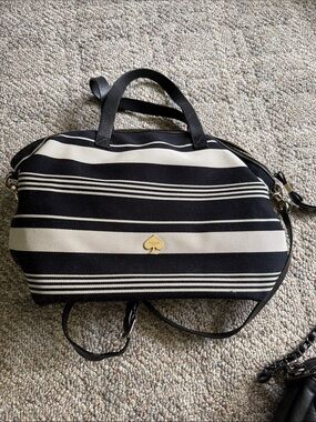 kate spade Black & White Striped Canvas Satchel with Gold Spade Accent
